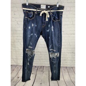 LAKENZIE Dark Wash Distressed Born Sinner Embroidered Denim Blue Jeans Womens L